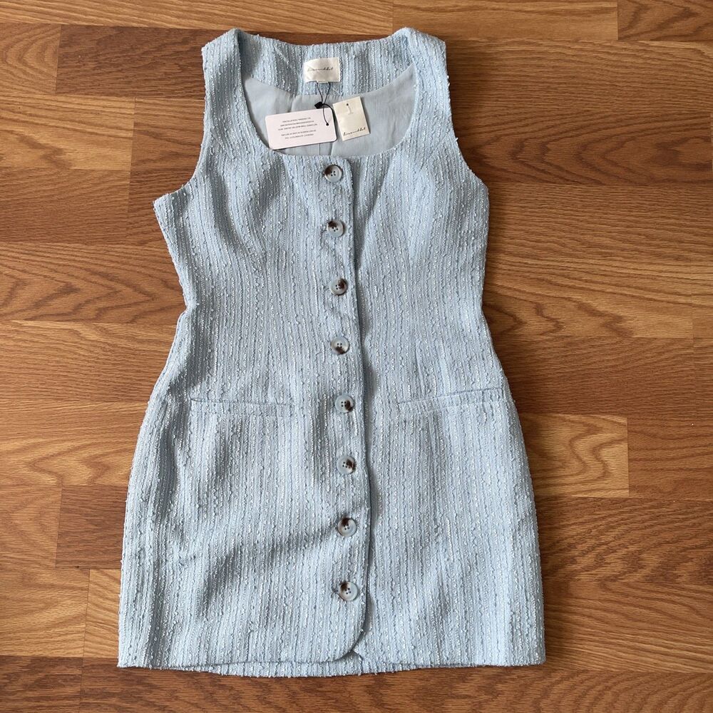 Line & Dot Dress Womens M Blue Sunnie Button Front Tweed Mini Pockets New